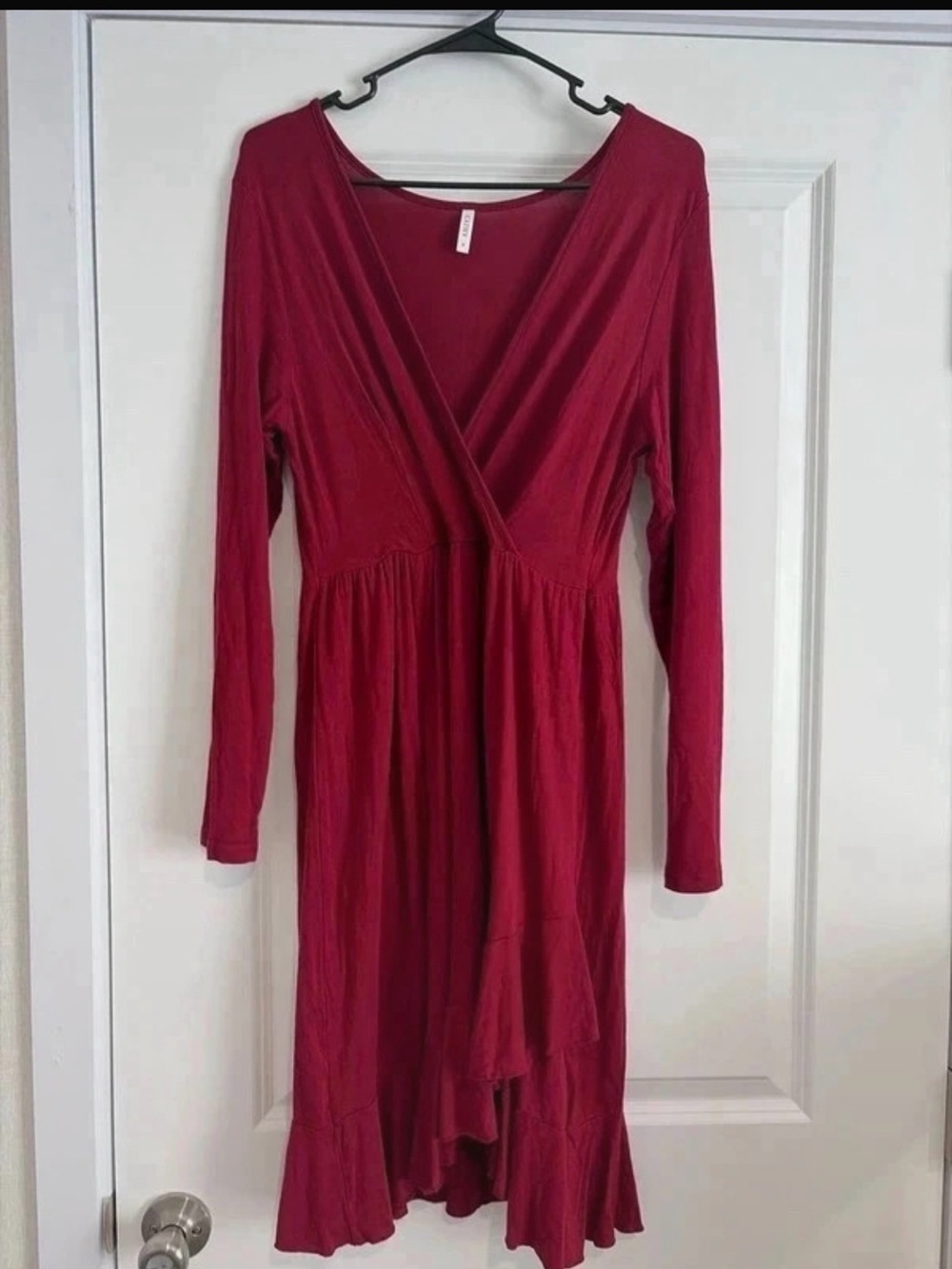 Long Sleeve V-Neck Wrap Midi Dress in Burgundy